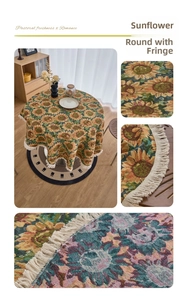 Close-up of sunflower jacquard pattern and white tassel edges on brown round tablecloth
