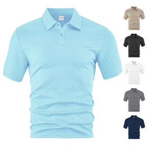 Men's light blue waffle knit polo shirt with solid colors and diamond texture