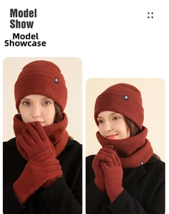 Three-piece winter knit set with thick beanie hat, neck warmer, and gloves in dark red color