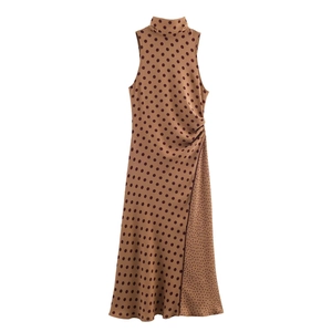 Polka Dot Midi Dress High Neck Sleeveless Bow Tie Polyester Ruffled Satin Elegant Women Brown Burgundy