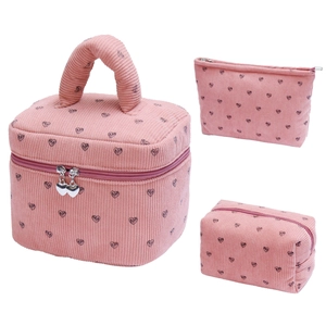 Pink corduroy makeup bag set with heart pattern engraving for cosmetics storage