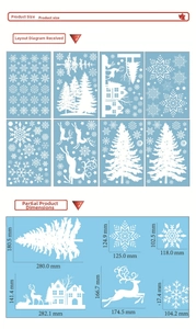 Detailed size specifications for Christmas snowflake, reindeer, and house window stickers