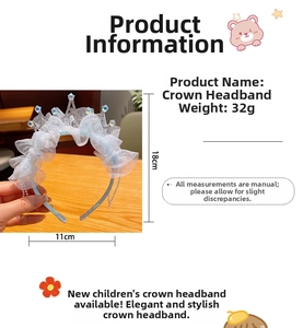 Detail view of light blue mesh crown headband with measurements 11x18cm and 32g weight