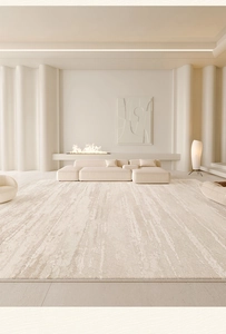 Lujosa alfombra beige con textura en salón minimalista con sofá moderno y chimenea