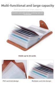 Detail view of brown leather card holder with 26 PVC slots and snap button closure