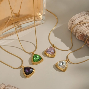 Minimalist 18K gold plated stainless steel necklaces with colorful geometric zircon pendants
