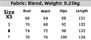 Detailed size guide table for backless polka dot scarf dress showing XS to L dimensions