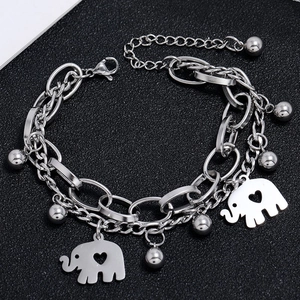 Double-layered stainless steel silver bracelet with heart elephant pendant and beads