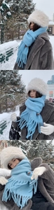 Sky blue mohair textured scarf with fringe and white plush faux fur winter hat set