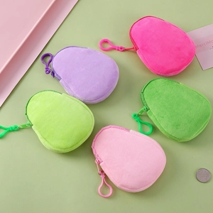 Colorful plush avocado coin purses with hooks in pink, purple, and green shades