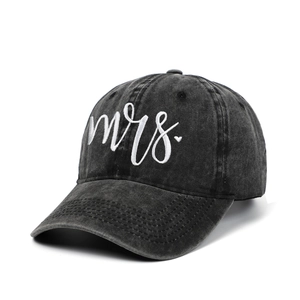 Vintage charcoal grey washed baseball cap with white Mrs embroidery and distressed finish