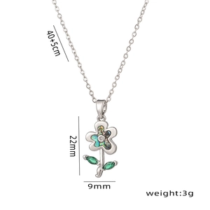 Titanium steel flower necklace with abalone shell pendant and green gemstone leaves