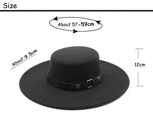 Detailed size chart for black boater hat showing 57-59cm circumference and 9.5cm brim width