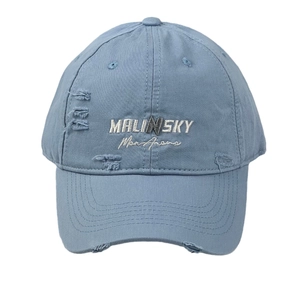 Distressed blue baseball cap with embroidery and ripped details for a vintage summer look