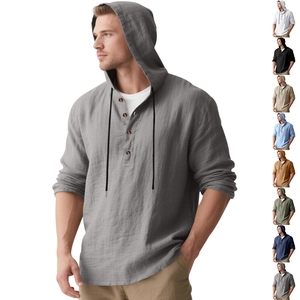 Detail view of long sleeve linen hoodie for men showing gray color and buttoned neckline