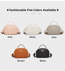 Detailed view of quilted faux leather crossbody bags in five colors with woven straps