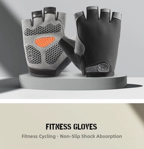 Detail of GEL anti-slip palm pads and orange breathable mesh on half-finger sports gloves