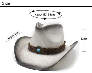 Maßangaben für den gewebten Cowboyhut mit 57-58 cm Umfang und 9 cm breiter Krempe