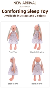 Detailed four-sided view of pink floppy-eared bunny plush in floral dress and blue bow