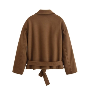Caramel short woolen jacket for women with belted back design and vintage lapel style