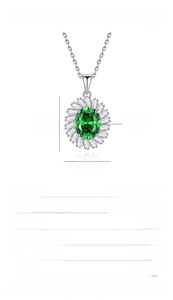 Detailed product specifications for S925 silver emerald necklace with petal-cut stone dimensions