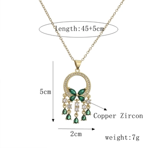 Detail of copper zircon pendant with measurements: 45+5cm chain and 5cm butterfly tassel