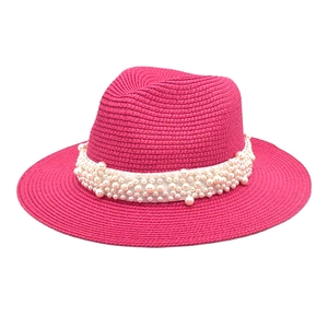 Hot pink straw fedora hat with white ribbon and dense pearl beads for summer women fashion
