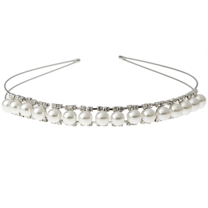 Elegant silver double-layer bridal headband with white pearls and sparkling rhinestones