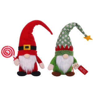 Pair of Christmas plush gnomes in red and green with festive belt and Noel sign