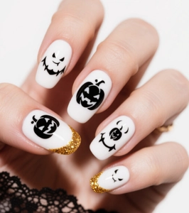 Détail d'ongles d'Halloween avec pointes pailletées dorées et motifs de citrouilles effrayantes