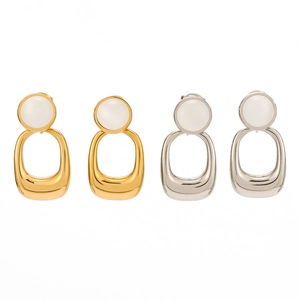 18K gold and silver stainless steel dangle earrings with white cat eye stone inlays