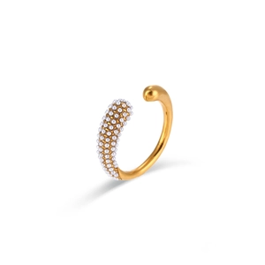 Minimalist gold open ring with micro-pave white pearls and smooth drop-shaped finish