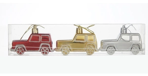 Close-up of three painted plastic Christmas car ornaments in red, gold, and silver