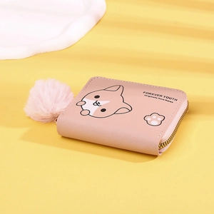 Pink PU leather short wallet with cute cartoon cat pattern and fluffy pompom detail