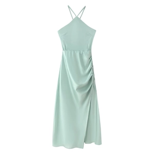 Elegante Abito Maxi In Raso Verde Menta Con Spacco Laterale Increspato Vita Alta Senza Schienale Senza Maniche Party Donne