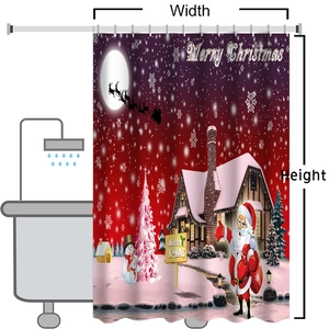 Detailed Christmas shower curtain size guide with Santa, snowman and reindeer patterns