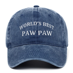 Close-up of World's Best Paw Paw white embroidery on navy blue washed cotton cap