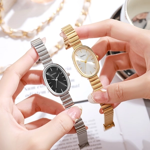 Elegant oval quartz watches with metallic elastic bands in gold and silver finishes