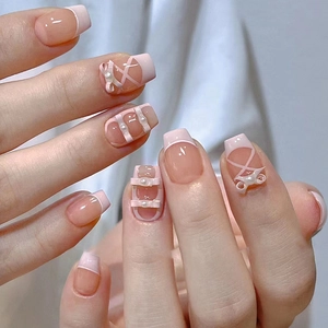 Sweet Pink French Tip Plastic Press On Nails With 3D Bowknot Rhinestone Artificial Pearl Decor Ballet Style Coffin Shape Elegant