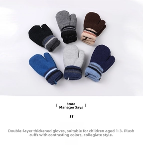 Detail of 6-pair pack thick knit mittens with striped ribbed cuffs for toddlers 1-3 years