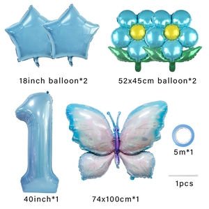 Blue butterfly balloon set with large number 1 and floral foil balloons for party decor