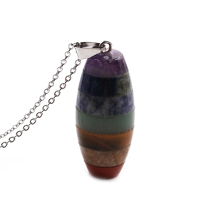 Rainbow chakra crystal pendant necklace with colorful layered natural stones and metal chain