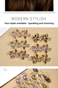 Macro detail of elegant flower hair clips with colorful crystals and pearls on gold metal
