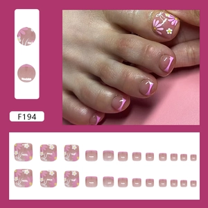 Purple daisy and bow French style press-on toenails with 24-piece full set display