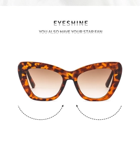 Detail view of tortoiseshell cat eye sunglasses with gradient brown lenses and logo