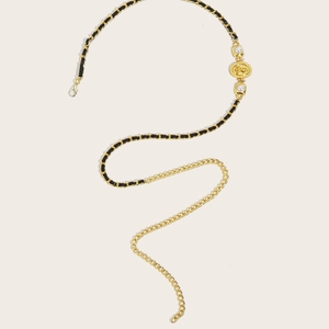 Elegant gold metal waist chain featuring black leather weave and faux pearls decoration