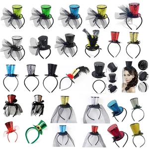 Sequin Mini Top Hat Headband With Mesh Veil And Ribbon Bow For Costume Party Carnival Performance Headpiece Accessory