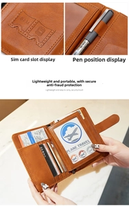 Detail of brown leather RFID travel wallet with dedicated SIM card slots and pen holder