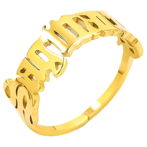 Detailed macro view of gold-plated stainless steel ring with gothic Sharon cutout design