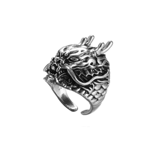 Detailed view of silver dragon head ring featuring intricate retro punk rock style scales